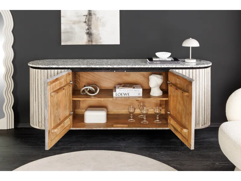 Buffet Adlon manguier massif gris et marbre blanc — 170 cm