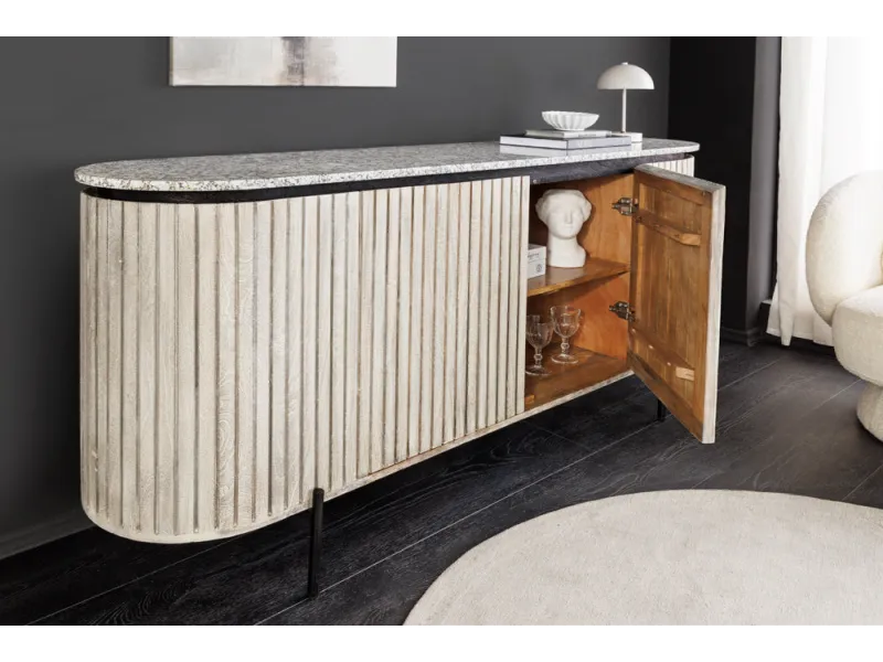 Buffet Adlon manguier massif gris et marbre blanc — 170 cm