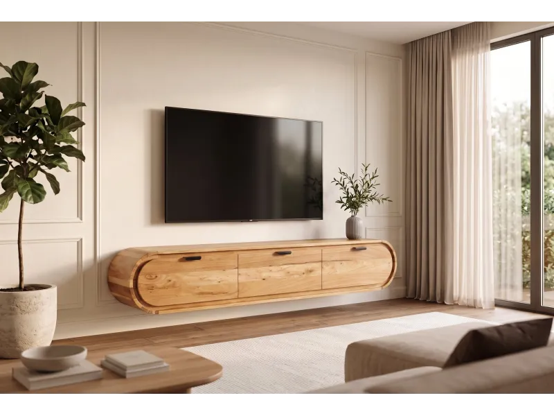 Meuble TV suspendu Organic acacia massif naturel — 160 cm
