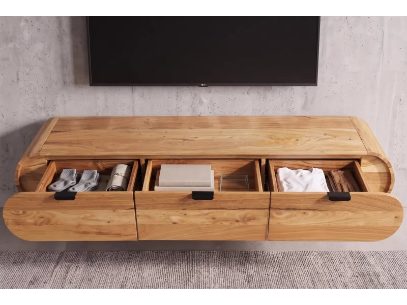 Meuble TV suspendu Organic acacia massif naturel — 160 cm