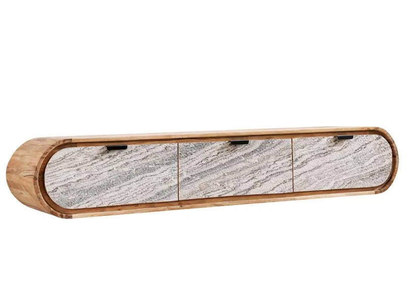 Meuble TV suspendu Organic acacia et façade effet pierre — 160 cm