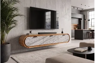 Meuble TV suspendu Organic acacia et façade effet pierre — 160 cm