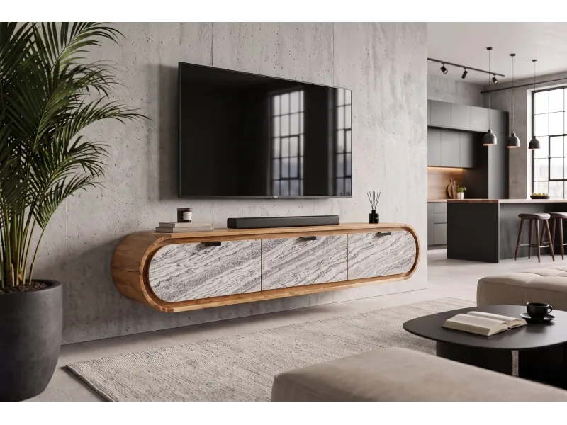 Meuble TV suspendu Organic acacia et façade effet pierre — 160 cm
