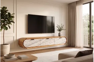 Meuble TV suspendu Organic acacia et façade effet pierre — 160 cm 2
