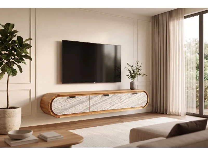Meuble TV suspendu Organic acacia et façade effet pierre — 160 cm