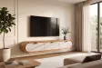 Meuble TV suspendu Organic acacia et façade effet pierre — 160 cm