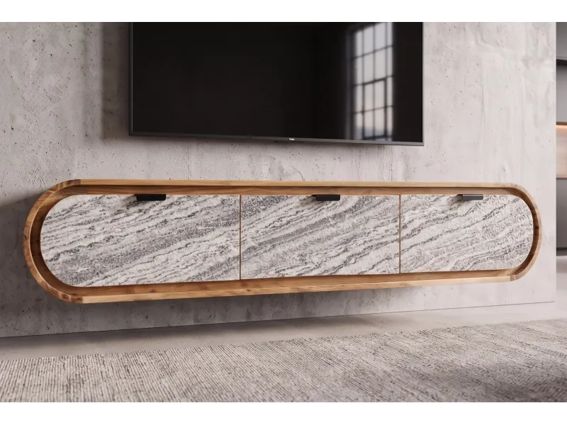 Meuble TV suspendu Organic acacia et façade effet pierre — 160 cm