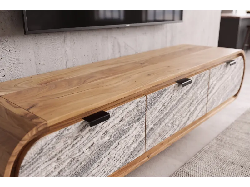 Meuble TV suspendu Organic acacia et façade effet pierre — 160 cm