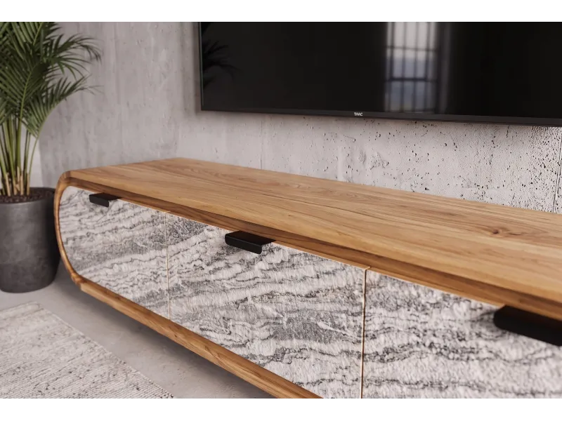 Meuble TV suspendu Organic acacia et façade effet pierre — 160 cm