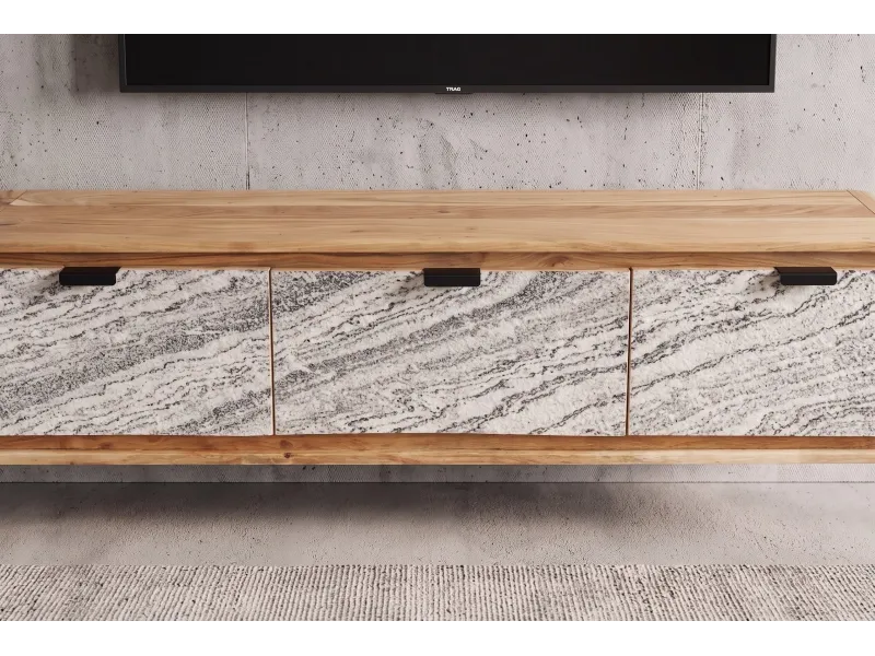 Meuble TV suspendu Organic acacia et façade effet pierre — 160 cm