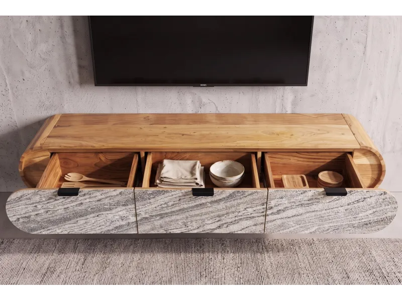 Meuble TV suspendu Organic acacia et façade effet pierre — 160 cm