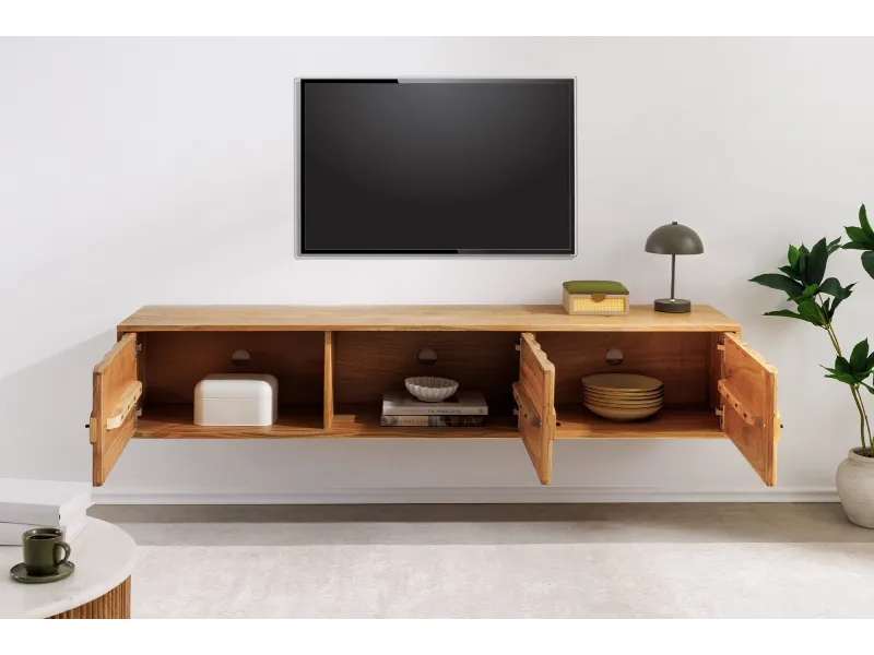 Meuble TV suspendu Mystic Living acacia massif naturel — 160 cm