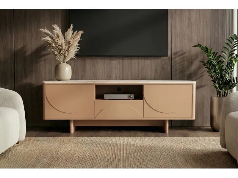 Meuble TV Savoy 3D plateau céramique effet travertin — 150 cm