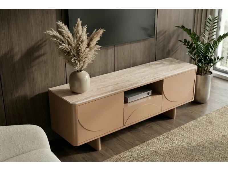 Meuble TV Savoy 3D plateau céramique effet travertin — 150 cm