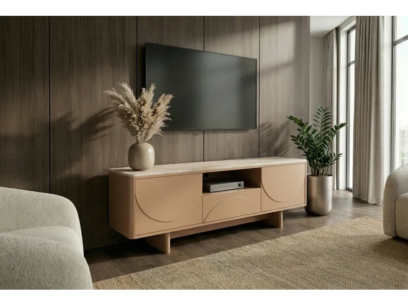 Meuble TV Savoy 3D plateau céramique effet travertin — 150 cm