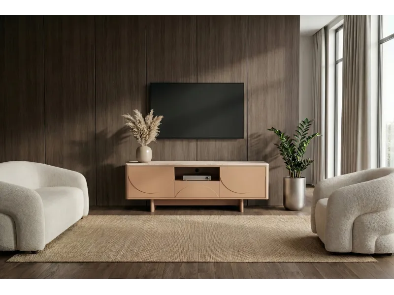 Meuble TV Savoy 3D plateau céramique effet travertin — 150 cm