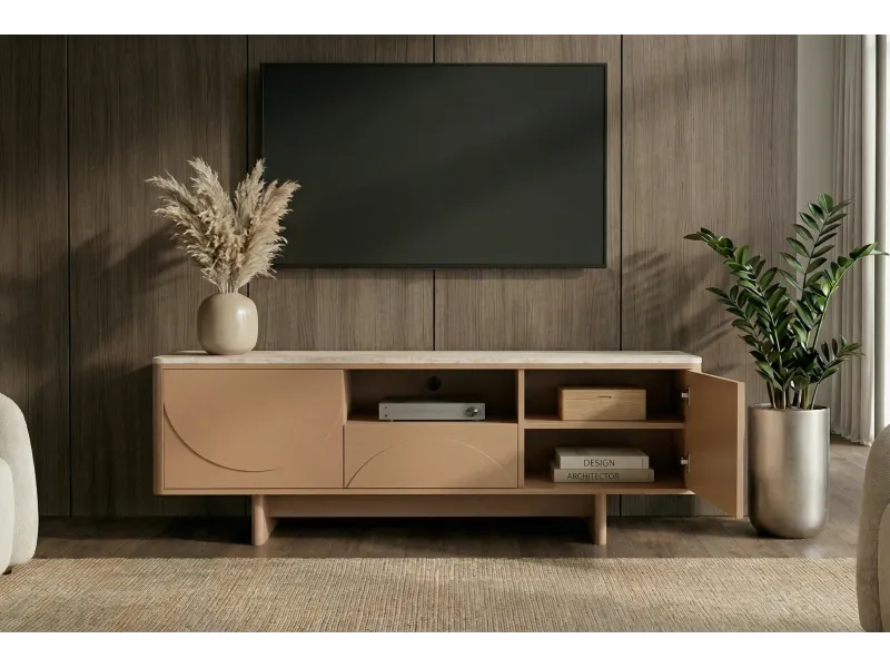 Meuble TV Savoy 3D plateau céramique effet travertin — 150 cm