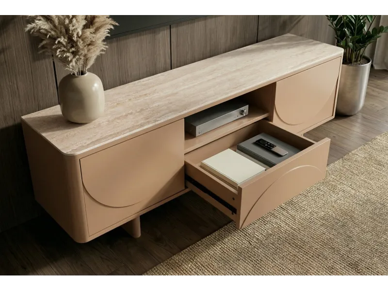 Meuble TV Savoy 3D plateau céramique effet travertin — 150 cm