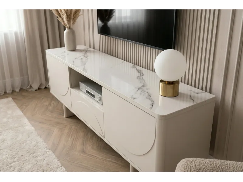 Meuble TV SAVOY 150 cm plateau céramique marbre blanc | Adeniahome