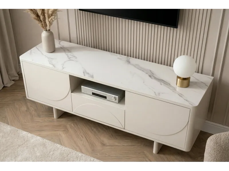 Meuble TV SAVOY 150 cm plateau céramique marbre blanc | Adeniahome