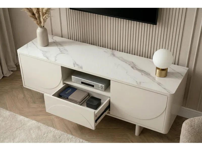 Meuble TV SAVOY 150 cm plateau céramique marbre blanc | Adeniahome