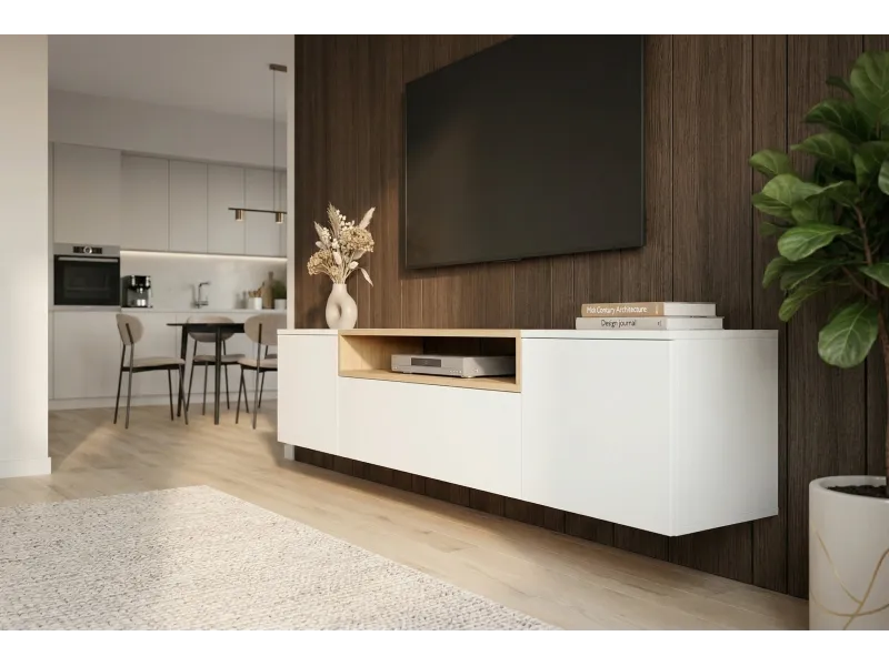 Meuble TV suspendu LOFT 160 cm chêne naturel blanc | Adeniahome