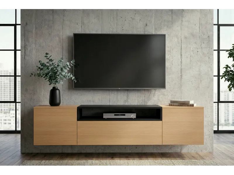 Meuble TV suspendu LOFT 160 cm chêne naturel noir | Adeniahome