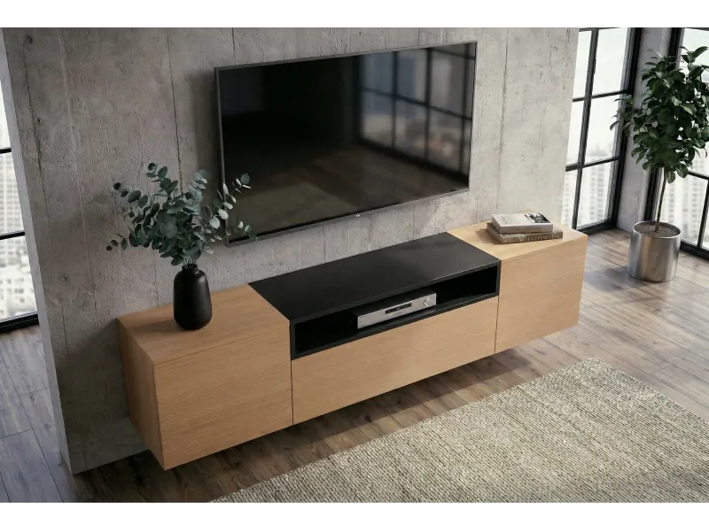Meuble TV suspendu LOFT 160 cm chêne naturel noir | Adeniahome