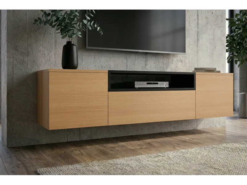 Meuble TV suspendu LOFT 160 cm chêne naturel noir | Adeniahome