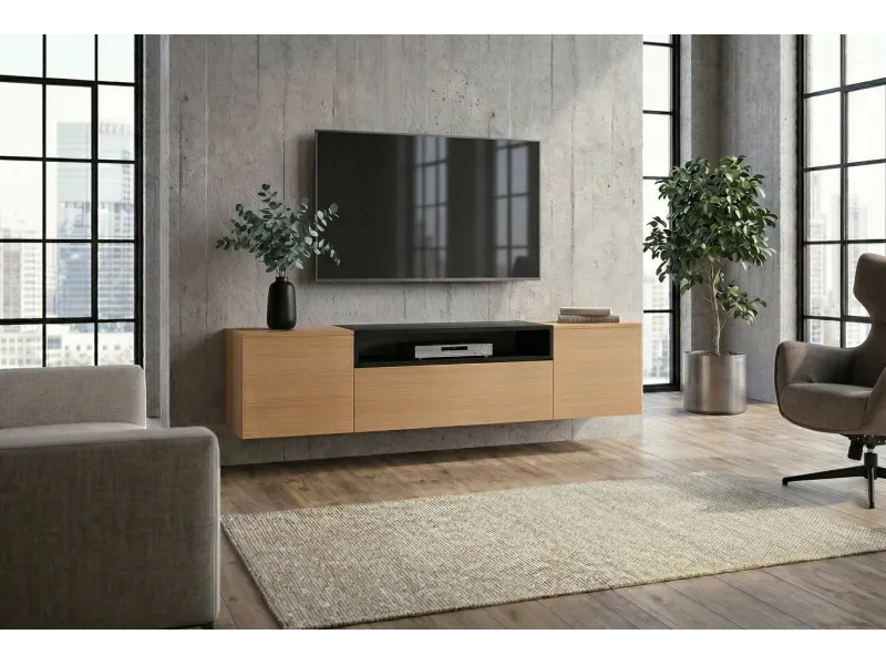 Meuble TV suspendu LOFT 160 cm chêne naturel noir | Adeniahome