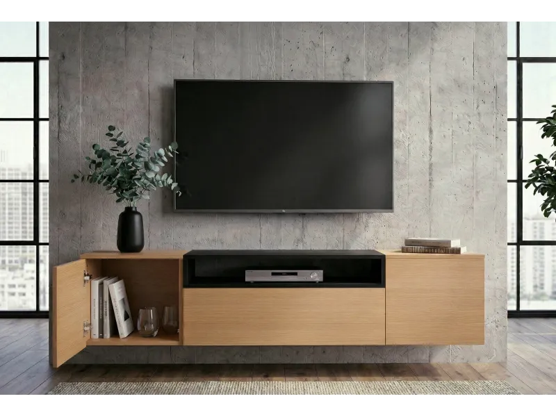 Meuble TV suspendu LOFT 160 cm chêne naturel noir | Adeniahome