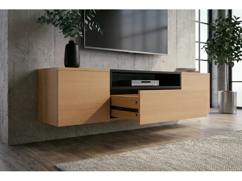 Meuble TV suspendu LOFT 160 cm chêne naturel noir | Adeniahome