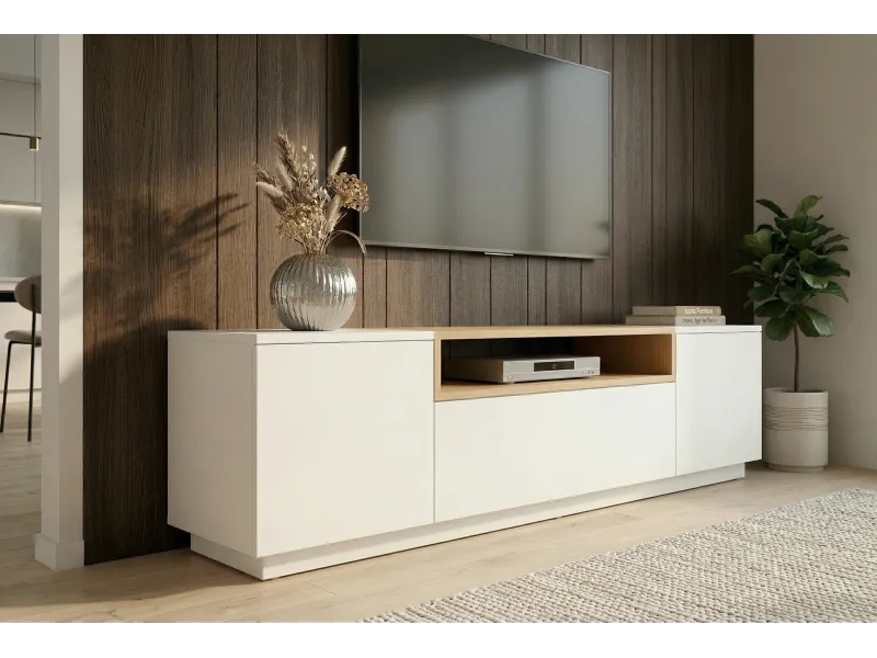 Meuble TV LOFT 160 cm sur piètement blanc chêne | Adeniahome