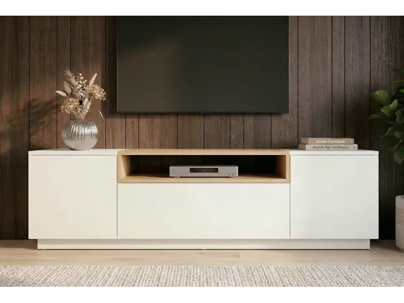 Meuble TV LOFT 160 cm sur piètement blanc chêne | Adeniahome