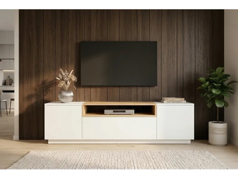 Meuble TV LOFT 160 cm sur piètement blanc chêne | Adeniahome