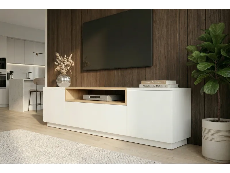 Meuble TV LOFT 160 cm sur piètement blanc chêne | Adeniahome