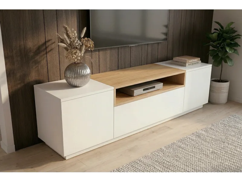 Meuble TV LOFT 160 cm sur piètement blanc chêne | Adeniahome
