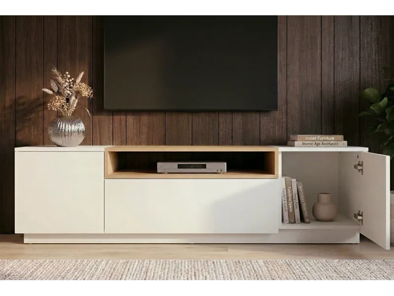 Meuble TV LOFT 160 cm sur piètement blanc chêne | Adeniahome