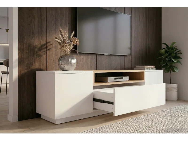 Meuble TV LOFT 160 cm sur piètement blanc chêne | Adeniahome