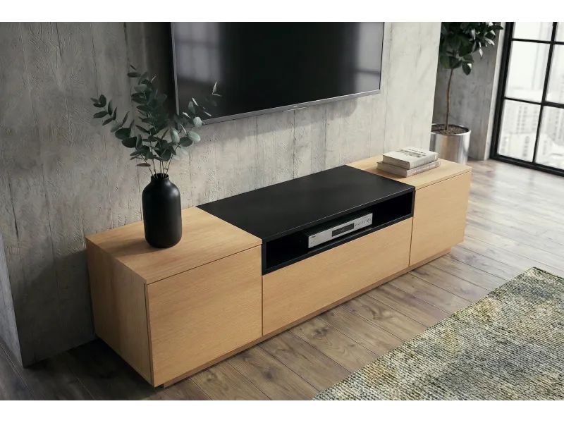 Meuble TV LOFT 160 cm chêne plaqué naturel noir — Adeniahome