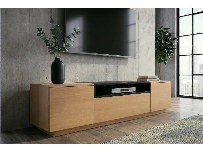 Meuble TV LOFT 160 cm chêne plaqué naturel noir — Adeniahome