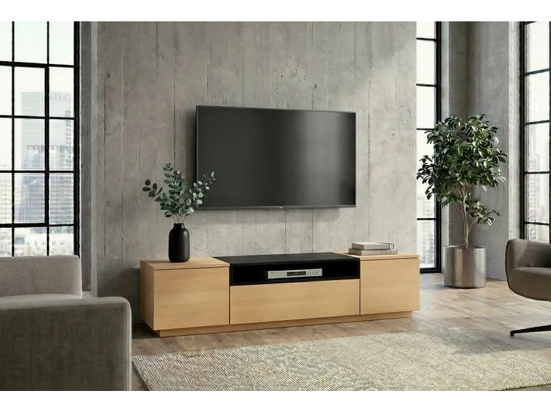 Meuble TV LOFT 160 cm chêne plaqué naturel noir — Adeniahome