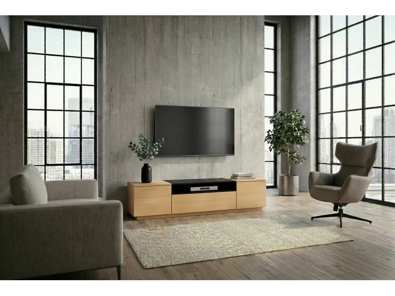 Meuble TV LOFT 160 cm chêne plaqué naturel noir — Adeniahome