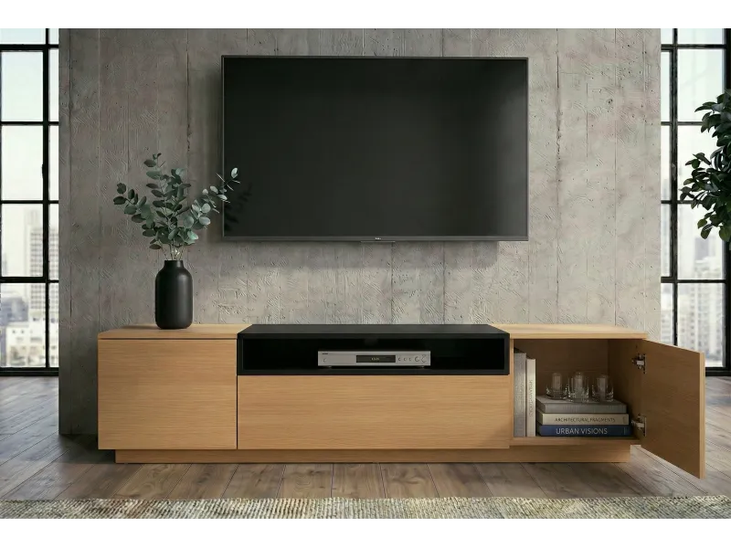 Meuble TV LOFT 160 cm chêne plaqué naturel noir — Adeniahome