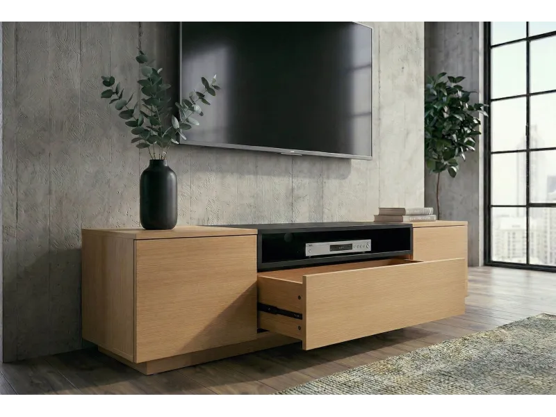 Meuble TV LOFT 160 cm chêne plaqué naturel noir — Adeniahome