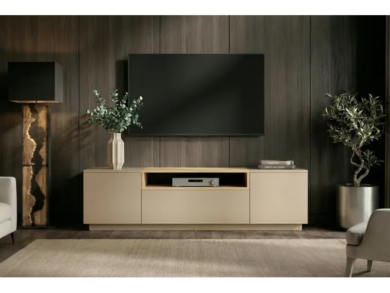 Meuble TV LOFT 160 cm chêne plaqué naturel greige — Adeniahome