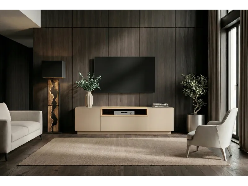 Meuble TV LOFT 160 cm chêne plaqué naturel greige — Adeniahome