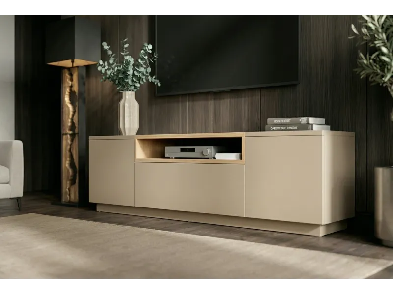 Meuble TV LOFT 160 cm chêne plaqué naturel greige — Adeniahome