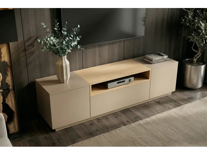 Meuble TV LOFT 160 cm chêne plaqué naturel greige — Adeniahome