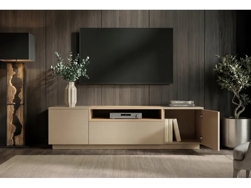 Meuble TV LOFT 160 cm chêne plaqué naturel greige — Adeniahome